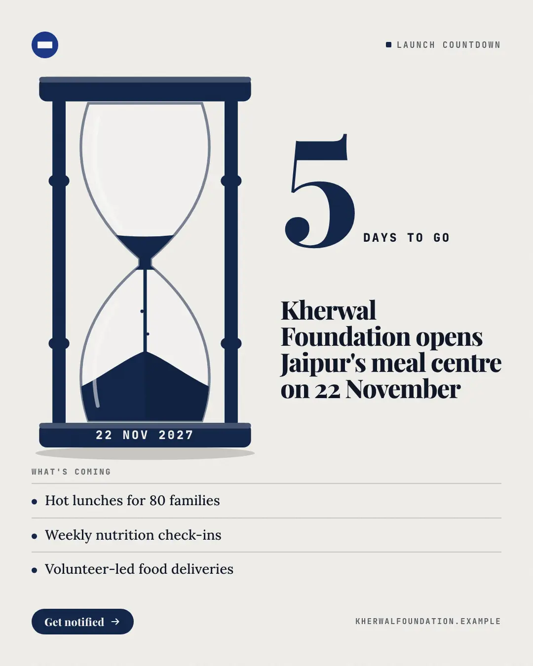 Sample Hourglass countdown creative (Openings & reveals template), shown on the fictional brand Kherwal Foundation