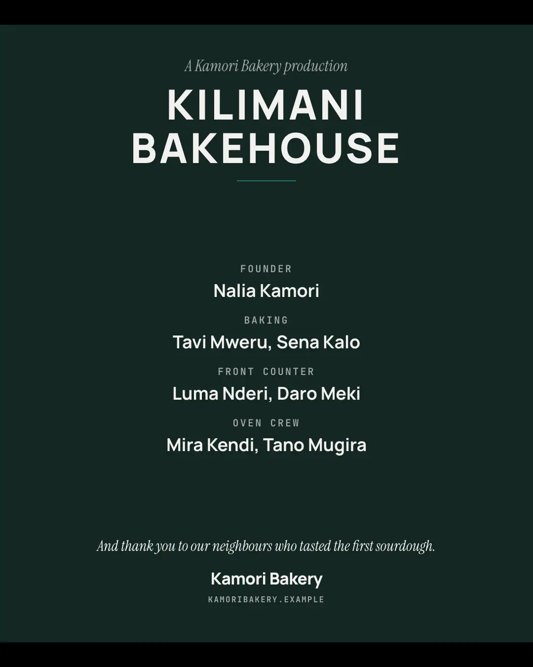 Sample End credits creative (Openings & reveals template), shown on the fictional brand Kamori Bakery