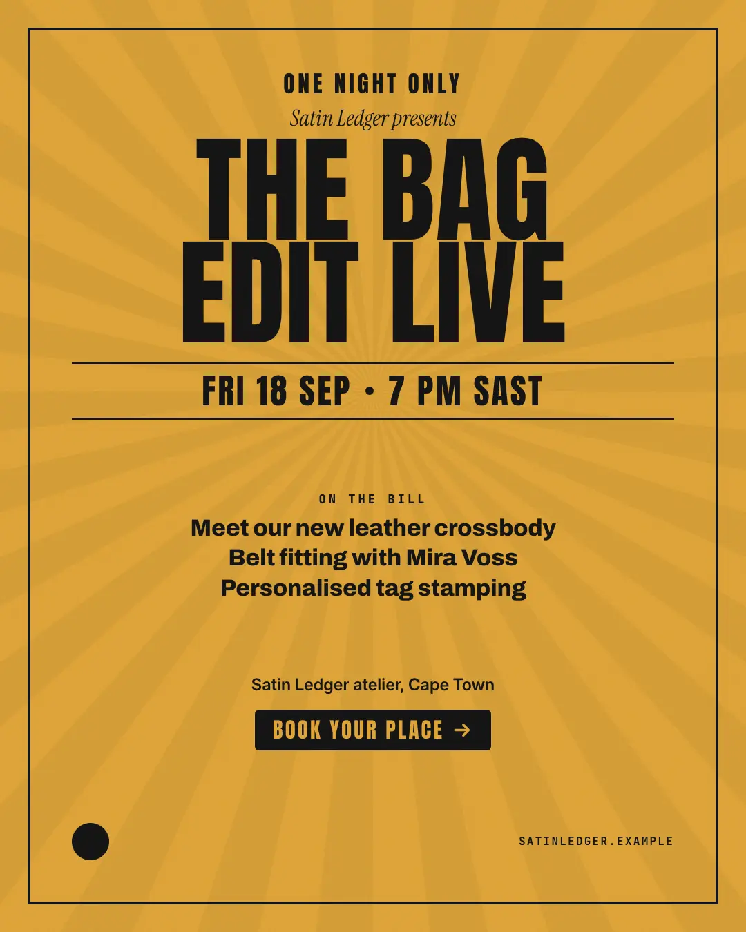 Sample Concert poster creative (Openings & reveals template), shown on the fictional brand Satin Ledger