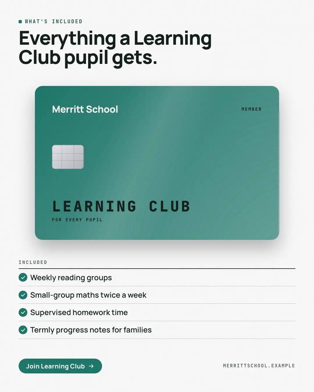 Sample Membership card creative (Pricing & integrations template), shown on the fictional brand Merritt School