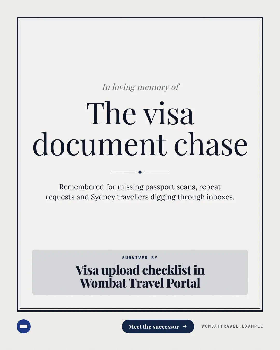 Sample In memoriam creative (Openings & reveals template), shown on the fictional brand Wombat Travel