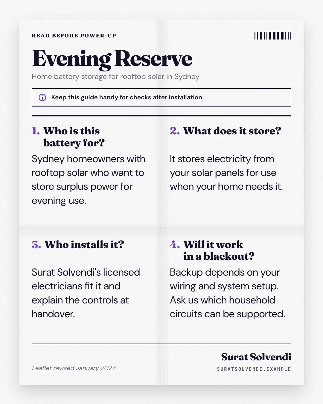 Sample Package insert FAQ creative (Openings & reveals template), shown on the fictional brand Surat Solvendi