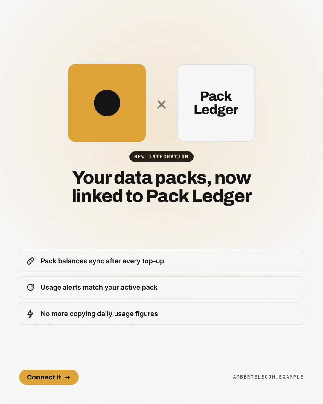 Sample Co-brand lockup creative (Pricing & integrations template), shown on the fictional brand Amber Telecom
