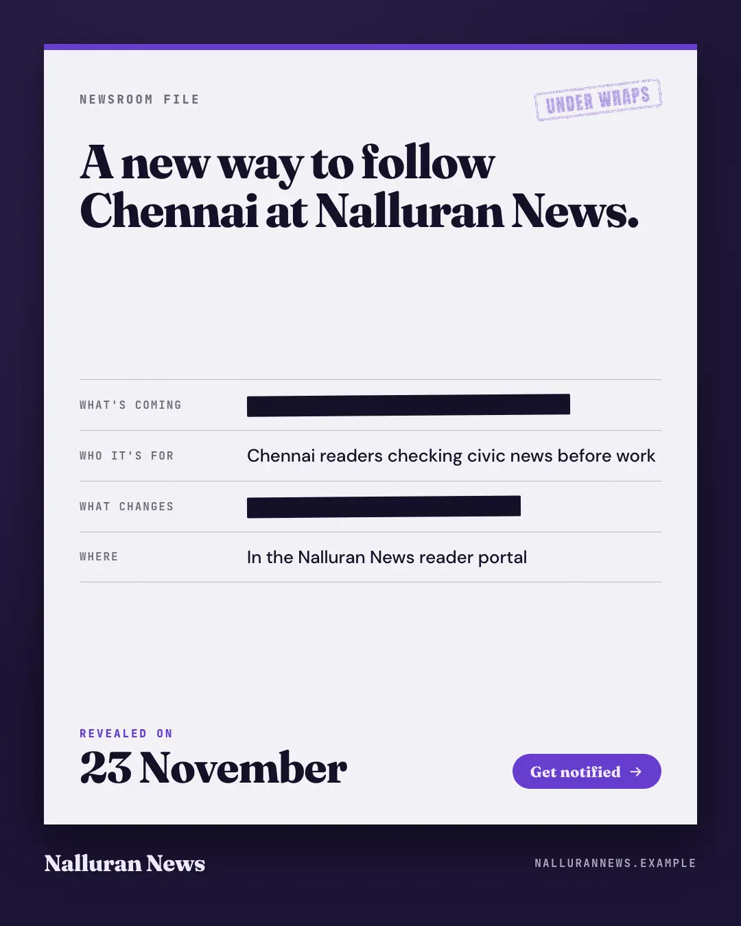 Sample Redacted teaser creative (Openings & reveals template), shown on the fictional brand Nalluran News