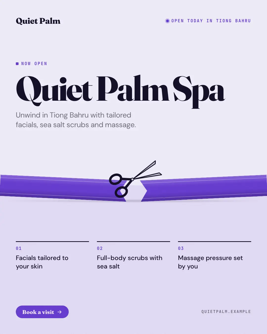 Sample Ribbon cutting creative (Openings & reveals template), shown on the fictional brand Quiet Palm