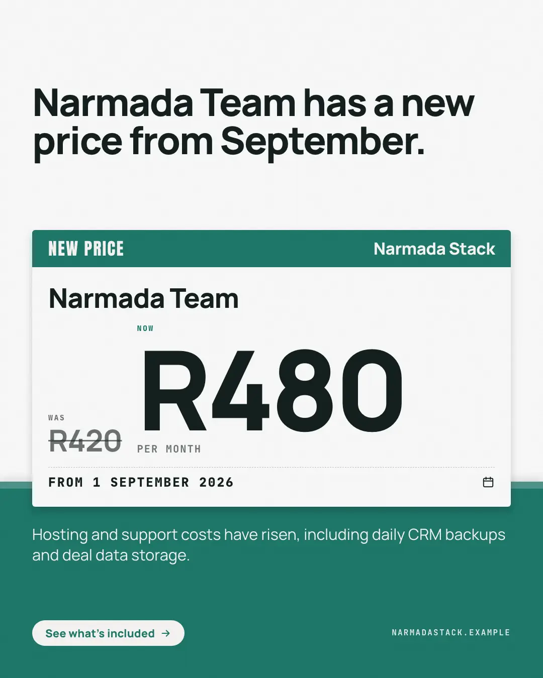 Sample New-price shelf label creative (Pricing & integrations template), shown on the fictional brand Narmada Stack
