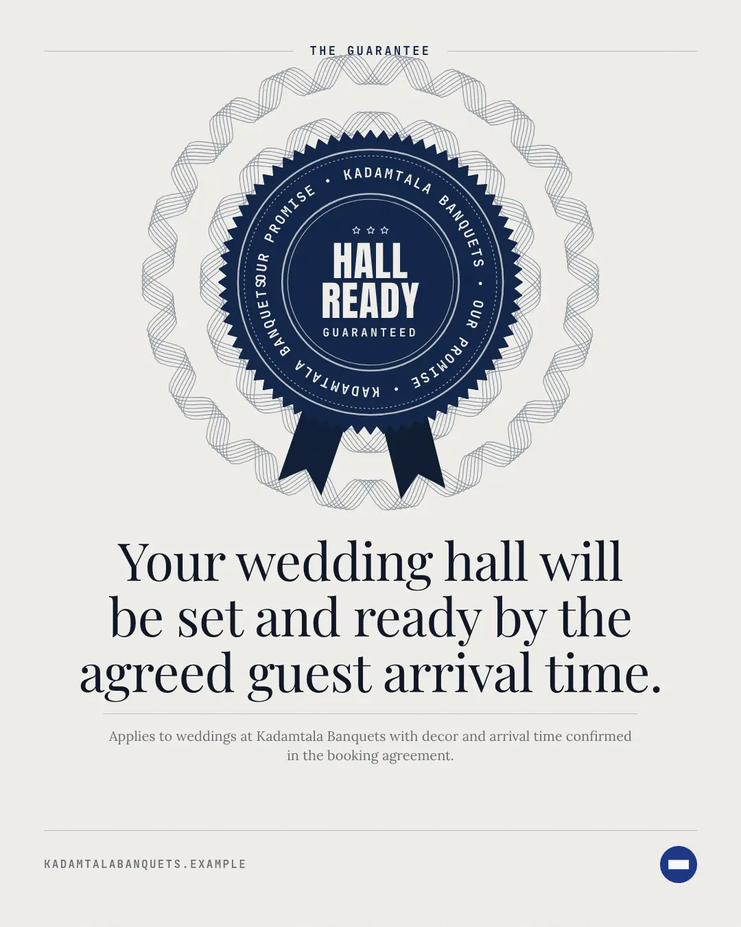 Sample Guarantee seal creative (Product showcase template), shown on the fictional brand Kadamtala Banquets