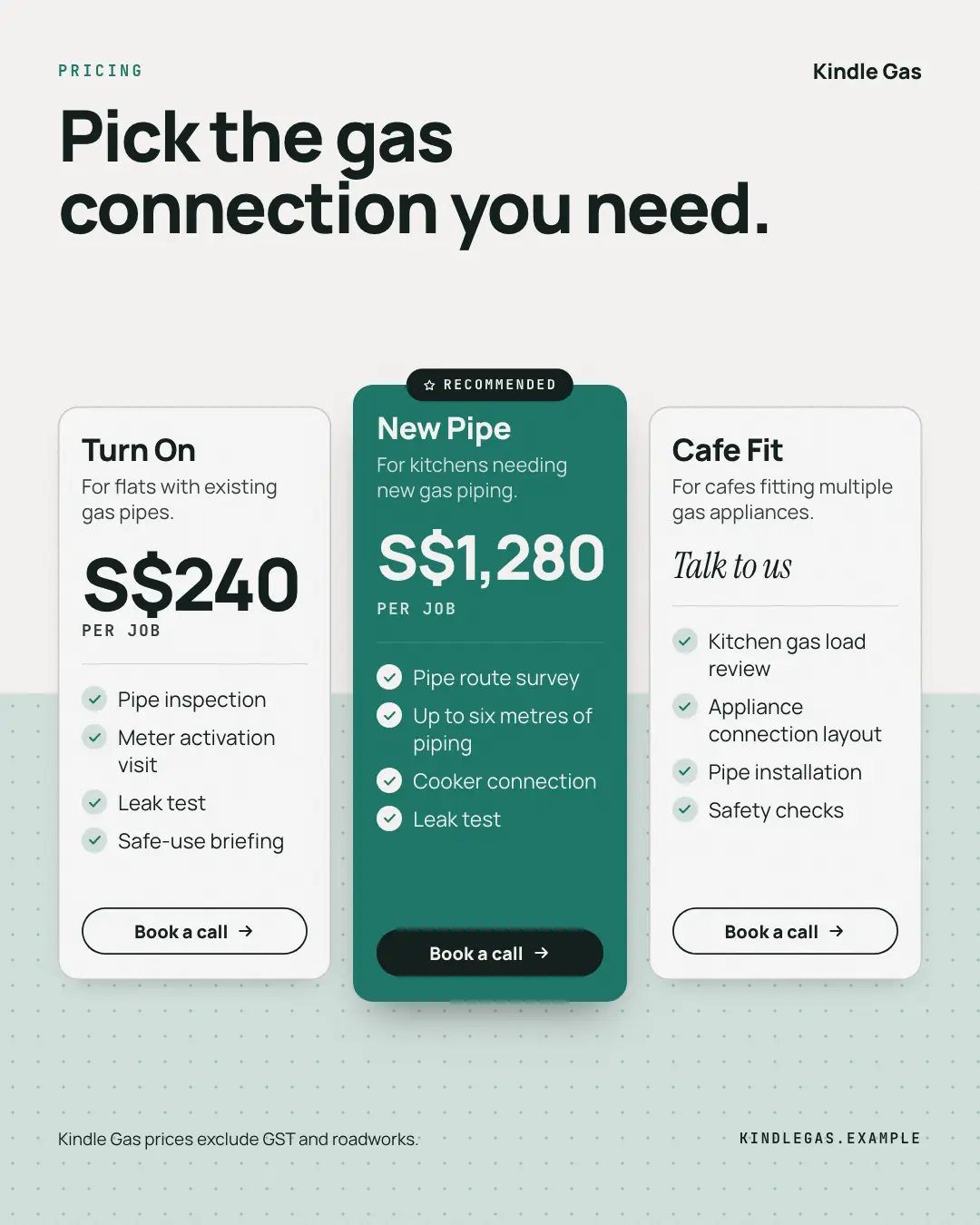 Sample Pricing card creative (Product showcase template), shown on the fictional brand Kindle Gas
