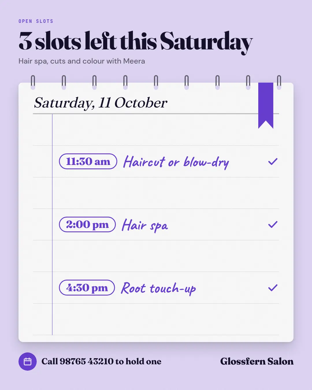 Sample Open appointment slots creative (Salons, repairs & consultants template), shown on the fictional brand Glossfern Salon