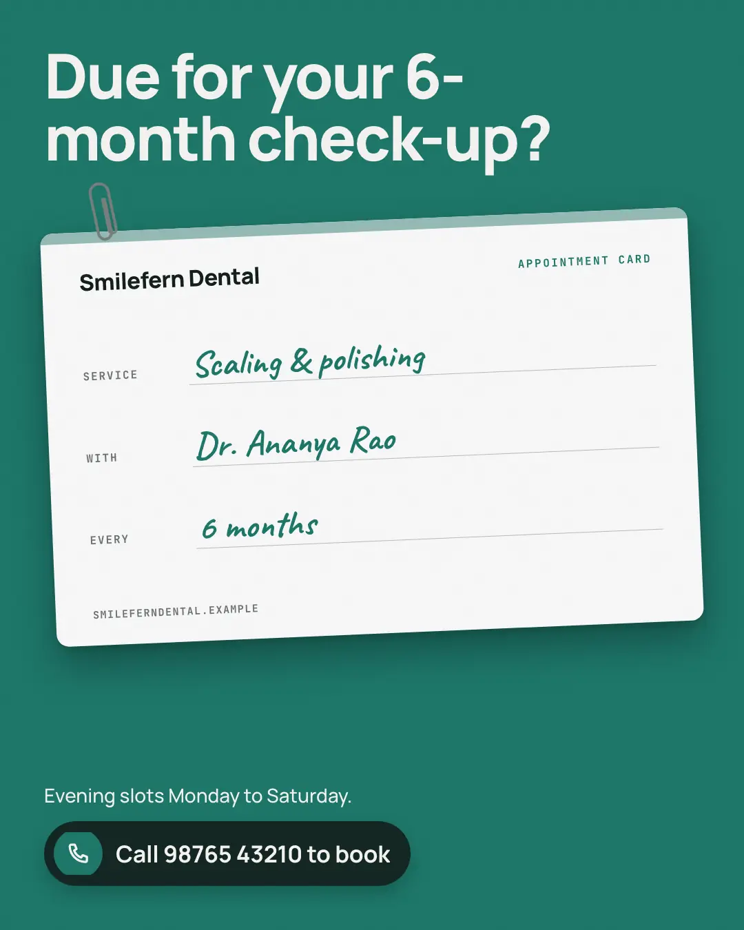 Sample Appointment reminder card creative (Salons, repairs & consultants template), shown on the fictional brand Smilefern Dental