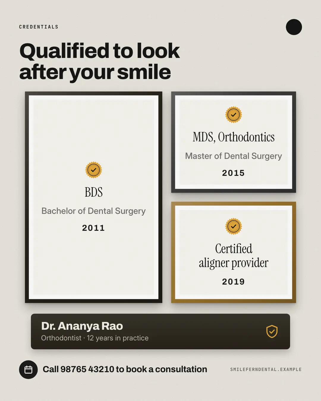 Sample Credentials wall creative (Salons, repairs & consultants template), shown on the fictional brand Smilefern Dental