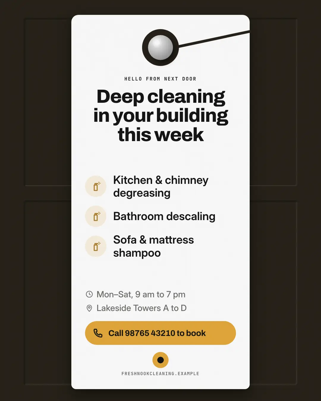 Sample Doorknob hanger creative (Salons, repairs & consultants template), shown on the fictional brand Freshnook Cleaning