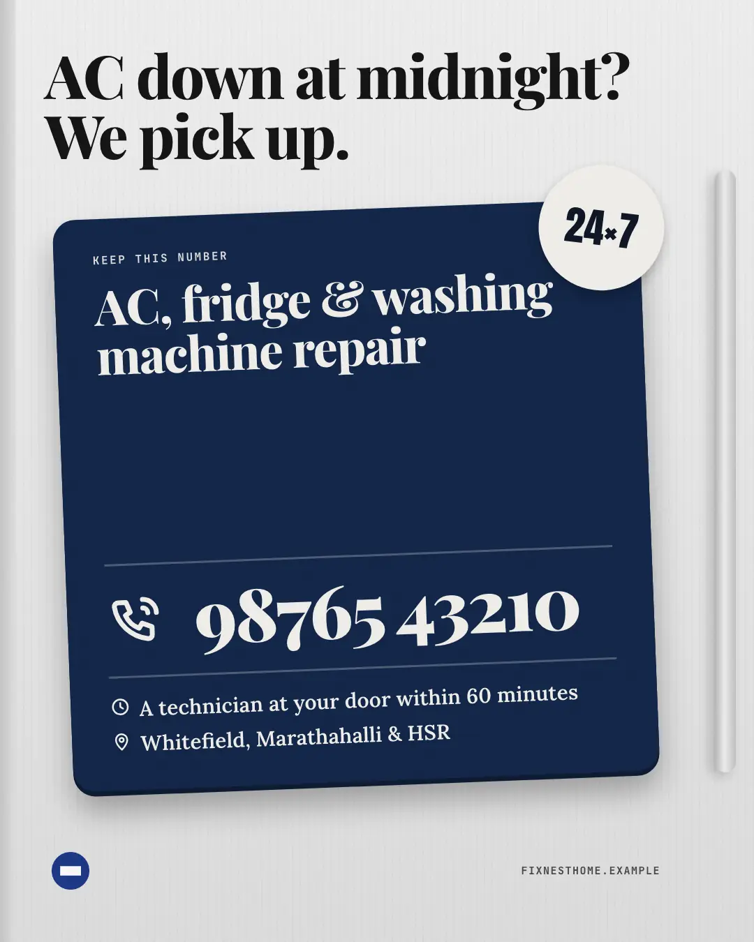 Sample Emergency fridge magnet creative (Salons, repairs & consultants template), shown on the fictional brand Fixnest Home Care