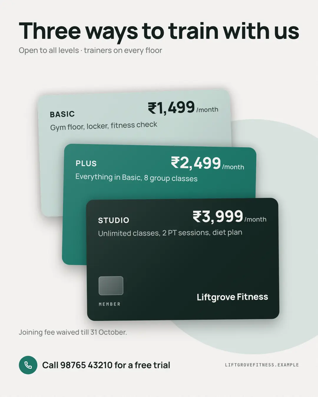 Sample Membership tiers wallet creative (Salons, repairs & consultants template), shown on the fictional brand Liftgrove Fitness