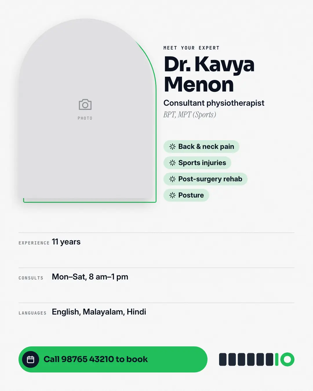 Sample Meet your practitioner creative (Salons, repairs & consultants template), shown on the fictional brand Motionfern Physio