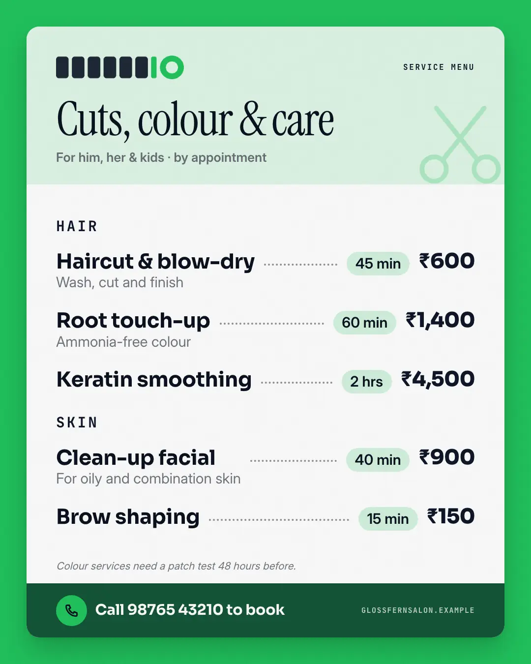 Sample Menu with durations creative (Salons, repairs & consultants template), shown on the fictional brand Glossfern Salon