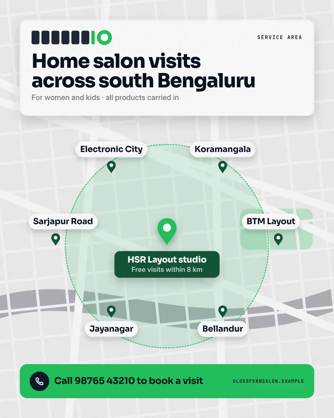 Sample Localities map creative (Salons, repairs & consultants template), shown on the fictional brand Glossfern Salon