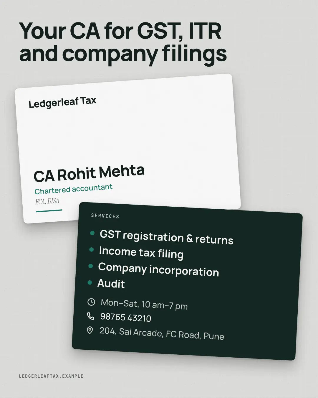 Sample Business card creative (Salons, repairs & consultants template), shown on the fictional brand Ledgerleaf Tax