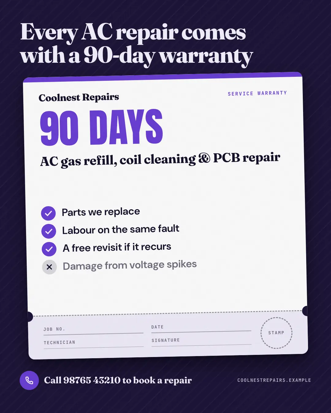 Sample Warranty card creative (Salons, repairs & consultants template), shown on the fictional brand Coolnest Repairs