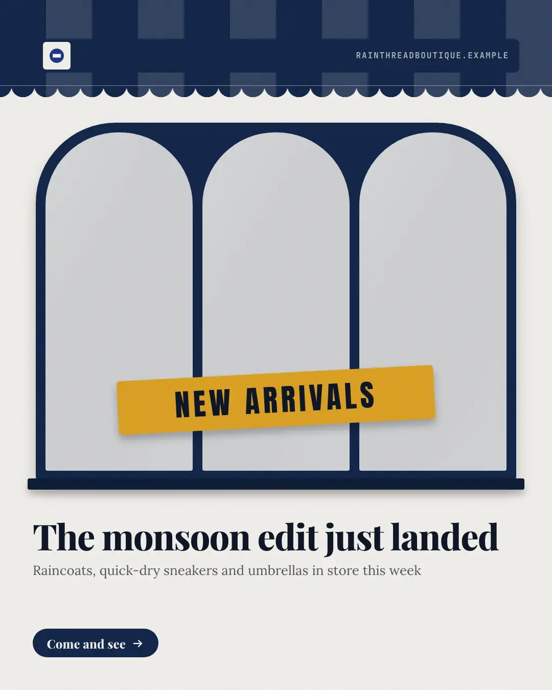 Sample New arrivals window creative (Products & catalog template), shown on the fictional brand Rainthread Boutique