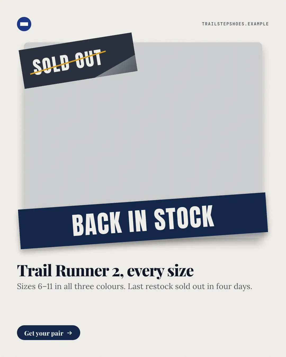 Sample Back in stock creative (Products & catalog template), shown on the fictional brand Trailstep Shoes