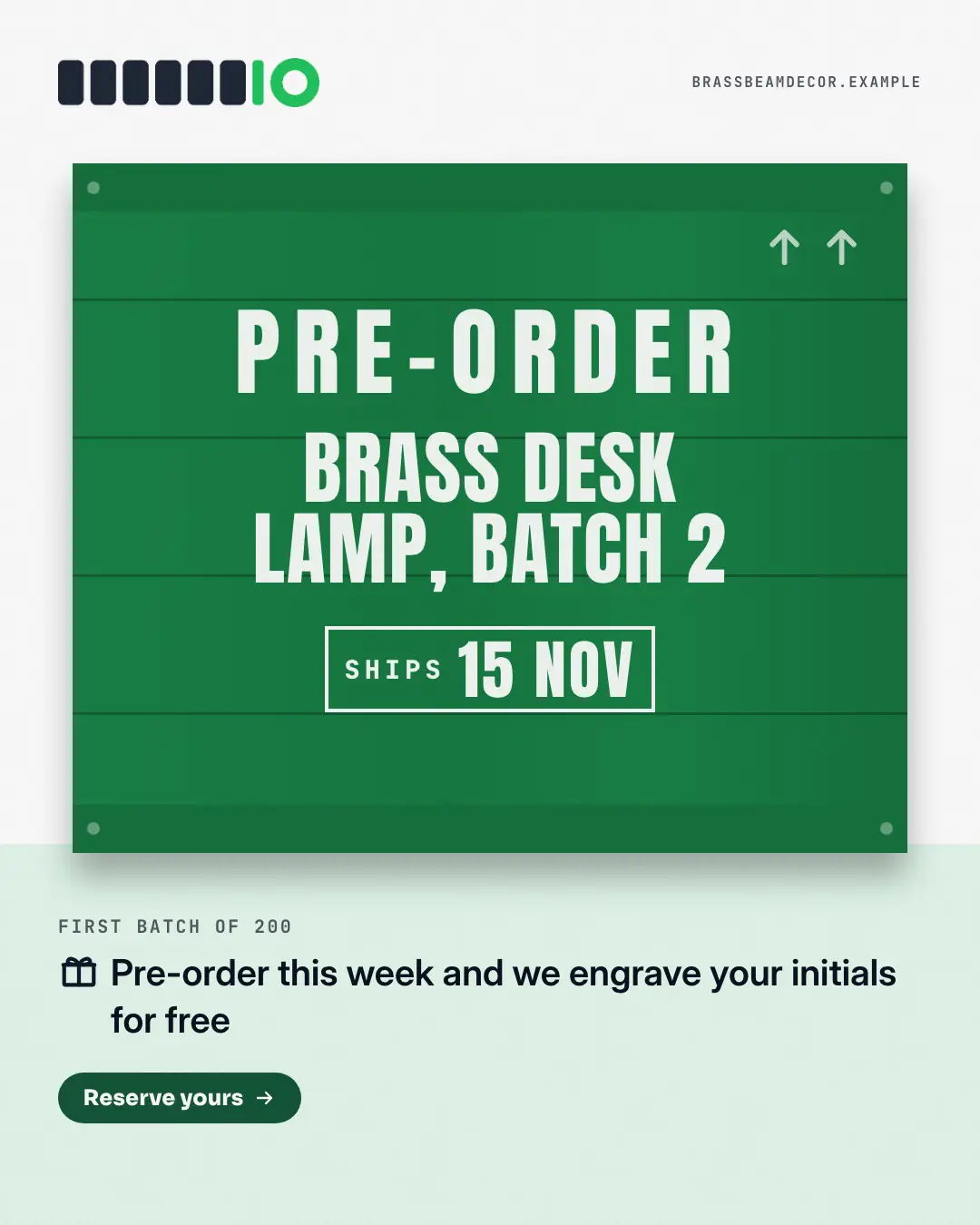 Sample Pre-order crate creative (Products & catalog template), shown on the fictional brand Brassbeam Decor