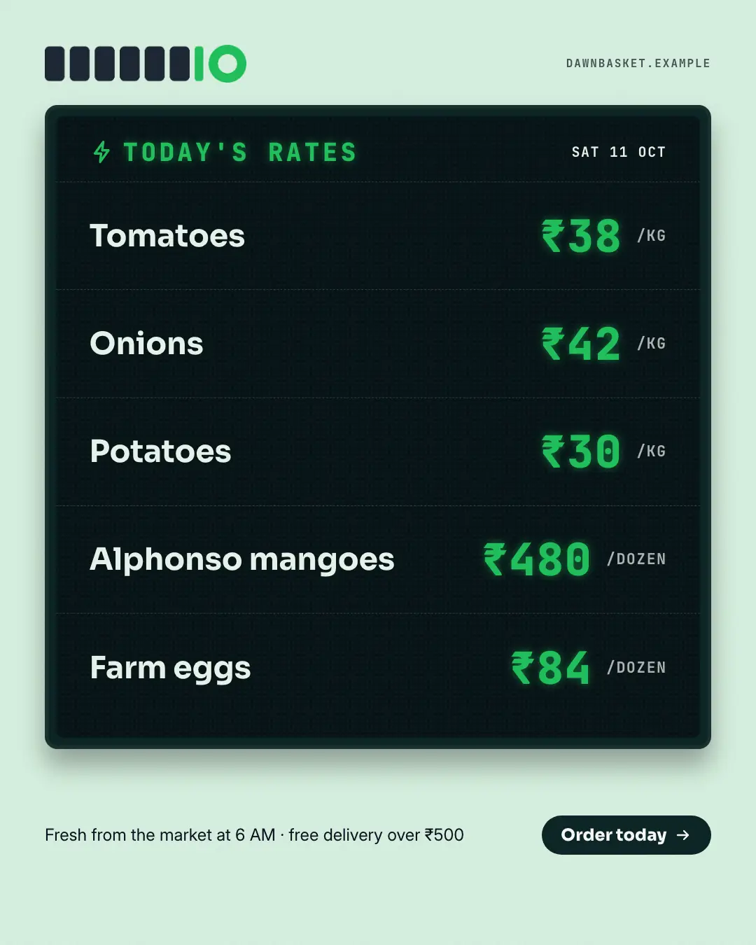 Sample Today's rates board creative (Products & catalog template), shown on the fictional brand Dawn Basket