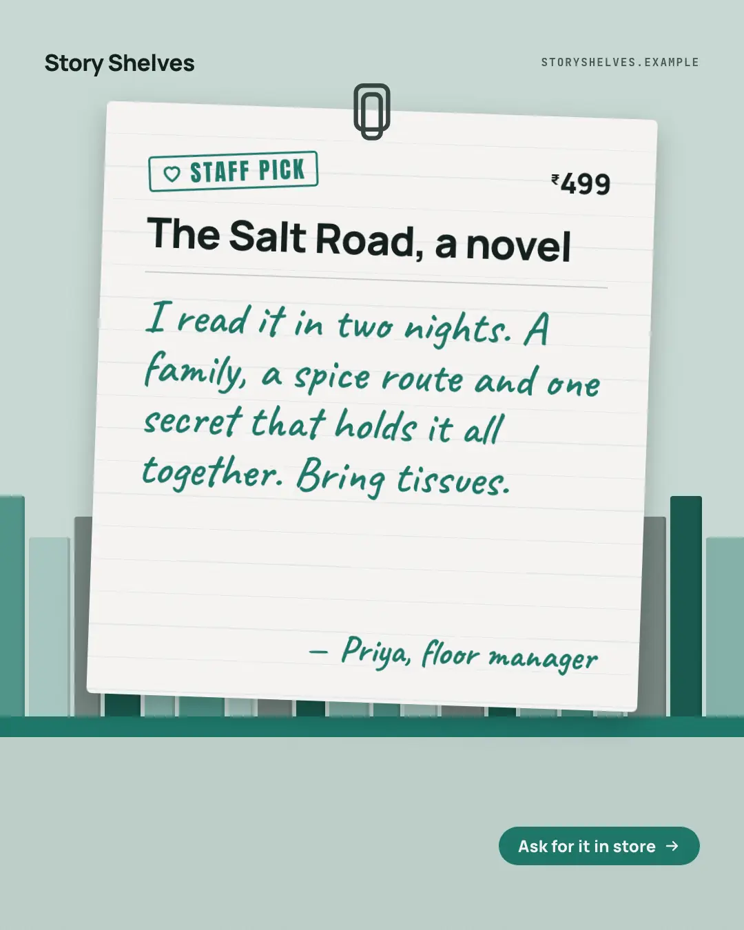 Sample Staff pick card creative (Products & catalog template), shown on the fictional brand Story Shelves