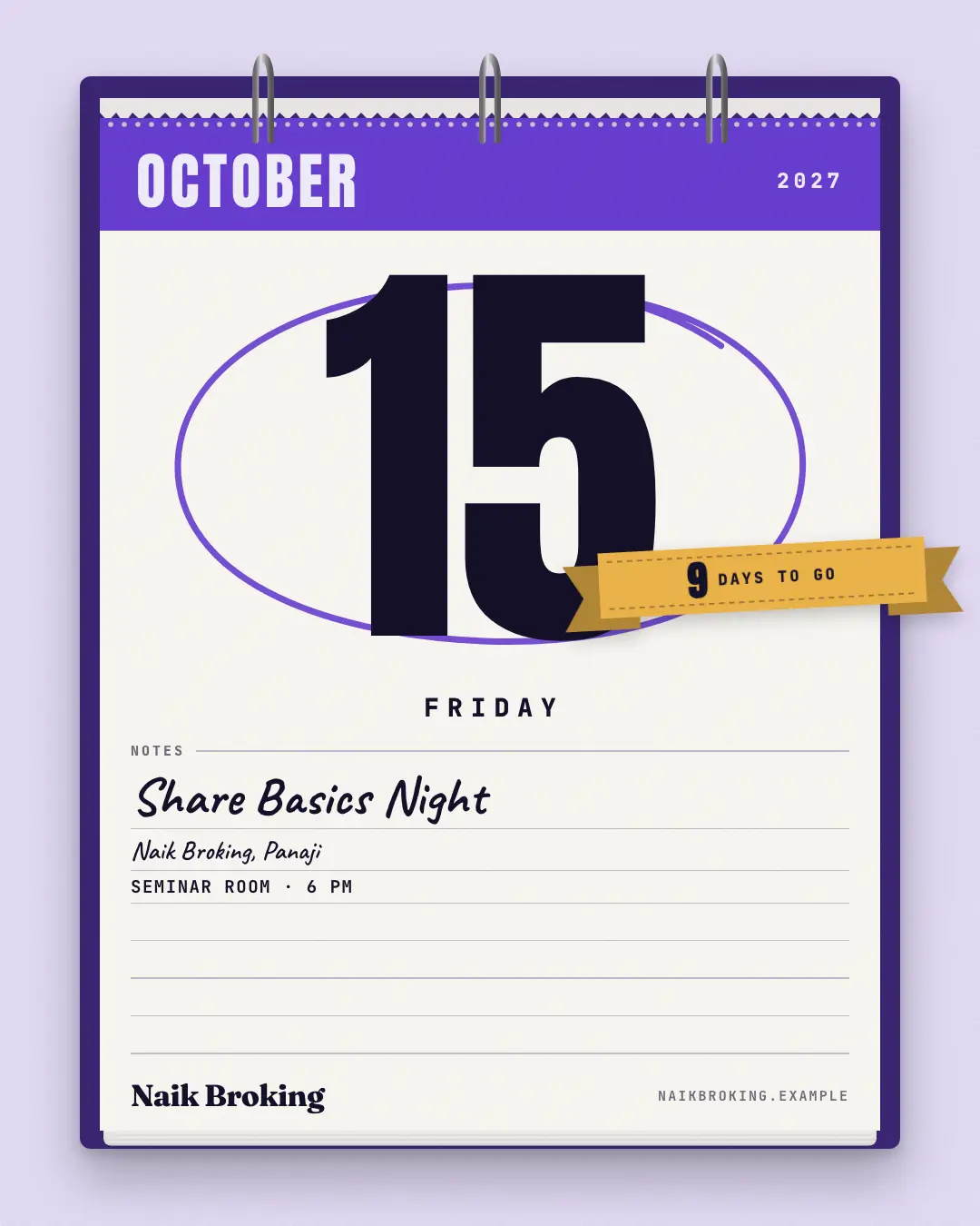Sample Desk calendar creative (Seasonal & events template), shown on the fictional brand Naik Broking