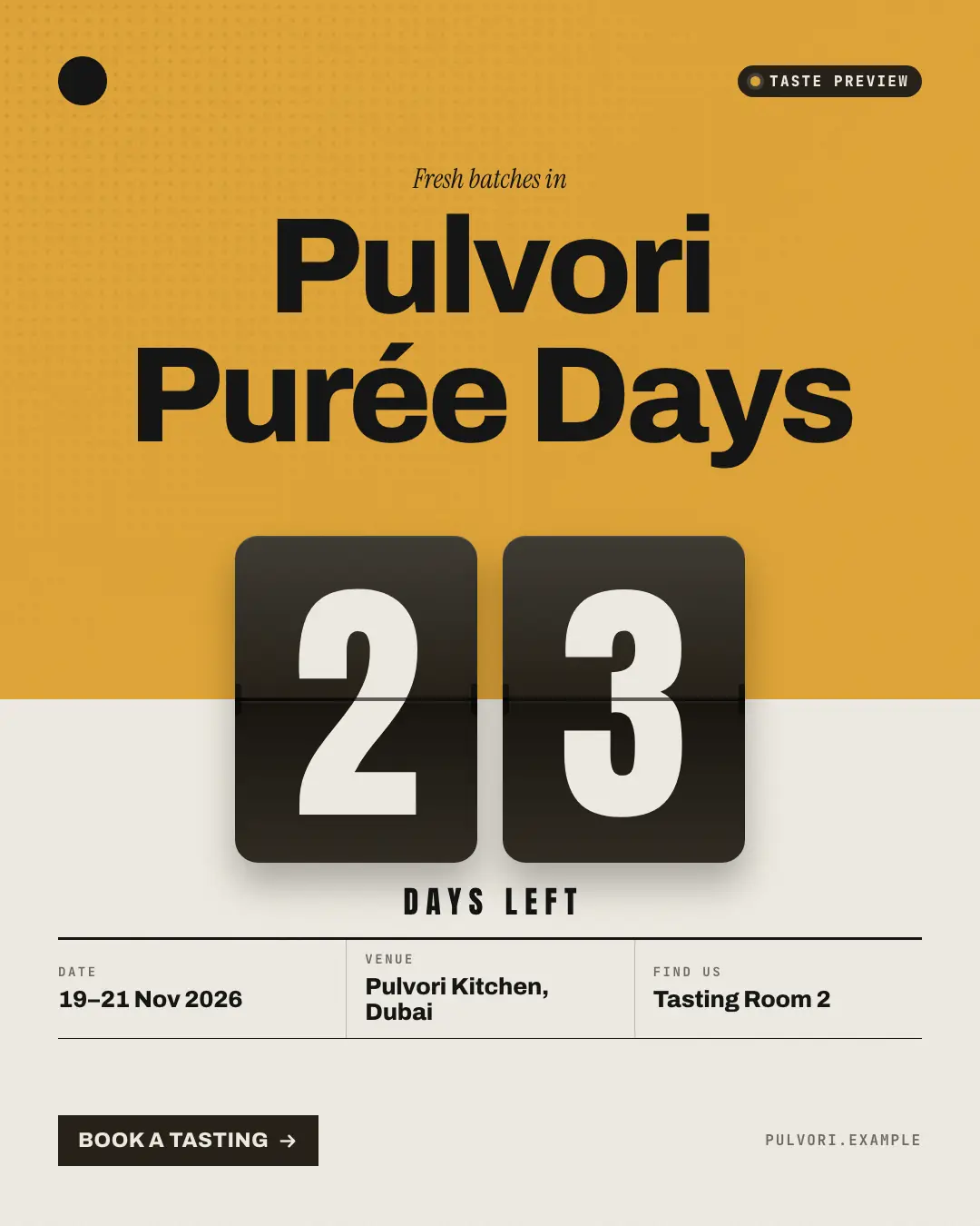 Sample Countdown creative (Seasonal & events template), shown on the fictional brand Pulvori