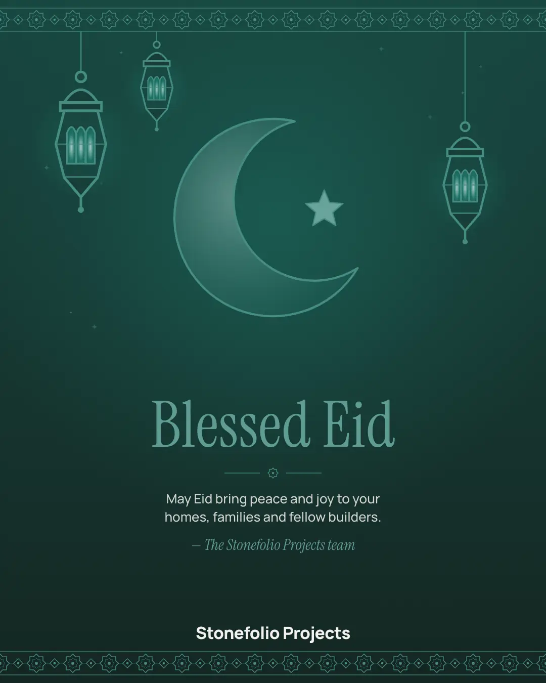 Sample Eid greeting creative (Seasonal & events template), shown on the fictional brand Stonefolio Projects