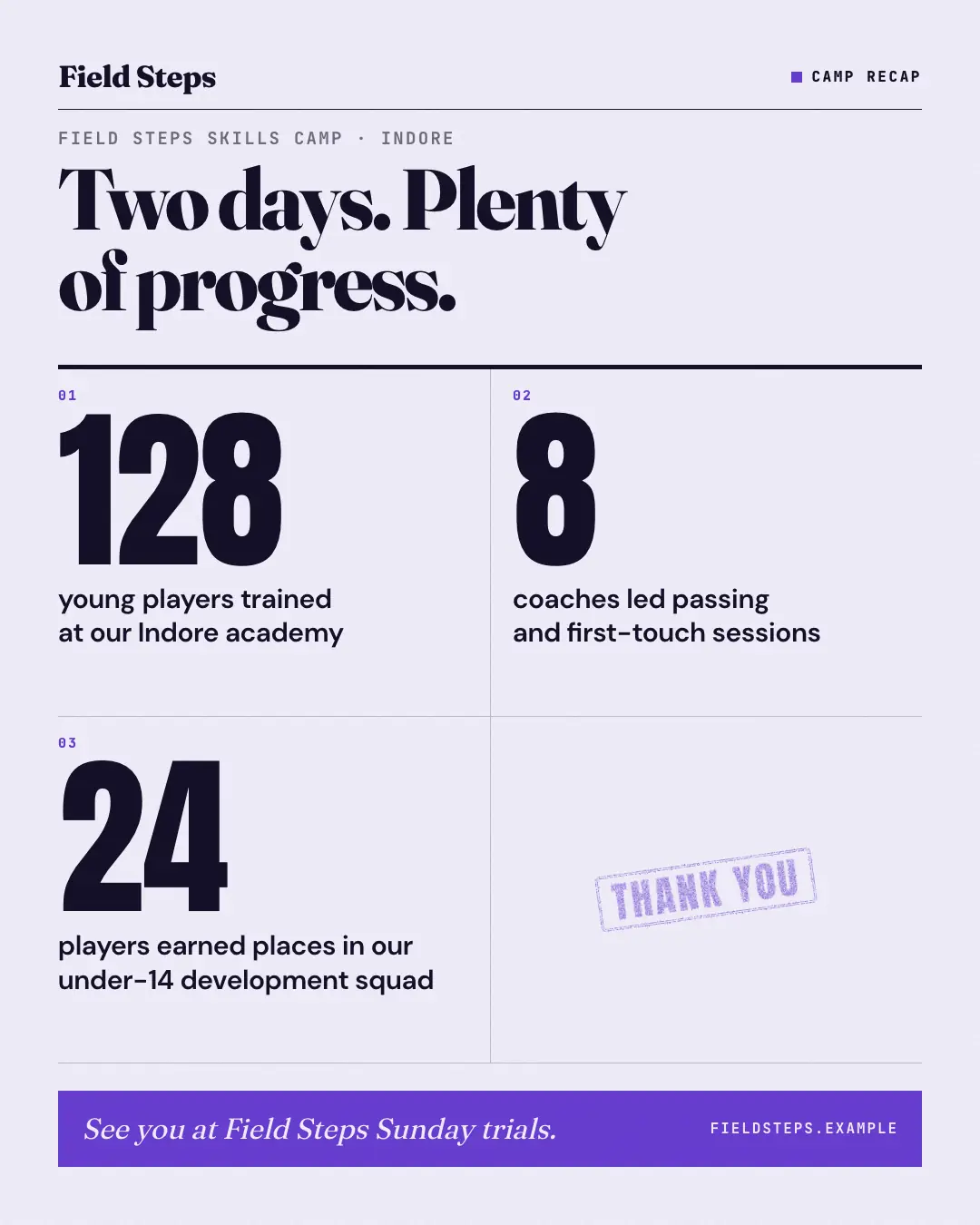 Sample Event recap creative (Seasonal & events template), shown on the fictional brand Field Steps
