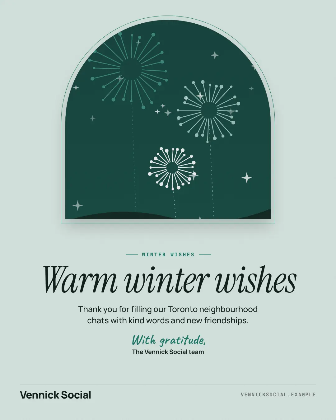 Sample Seasonal greeting creative (Seasonal & events template), shown on the fictional brand Vennick Social