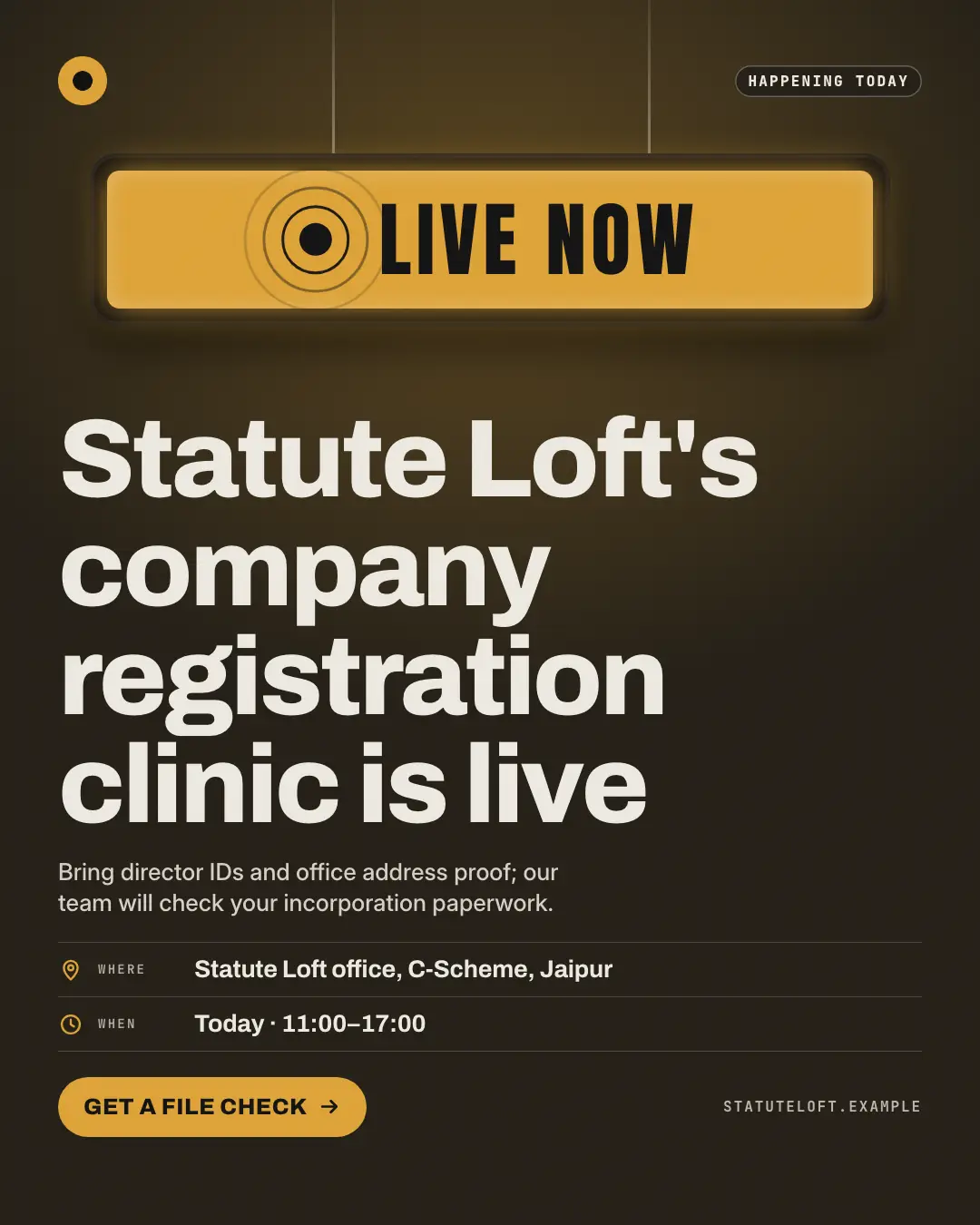 Sample Live now creative (Seasonal & events template), shown on the fictional brand Statute Loft