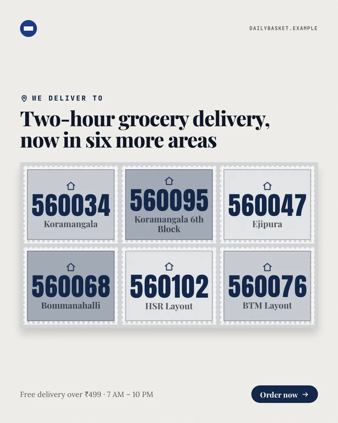 Sample Postage-stamp sheet creative (Shopfront & doorstep template), shown on the fictional brand Daily Basket