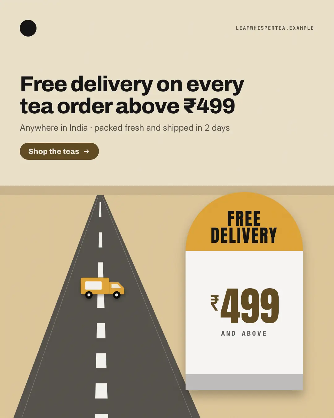 Sample Free-shipping kilometre stone creative (Shopfront & doorstep template), shown on the fictional brand Leafwhisper Tea
