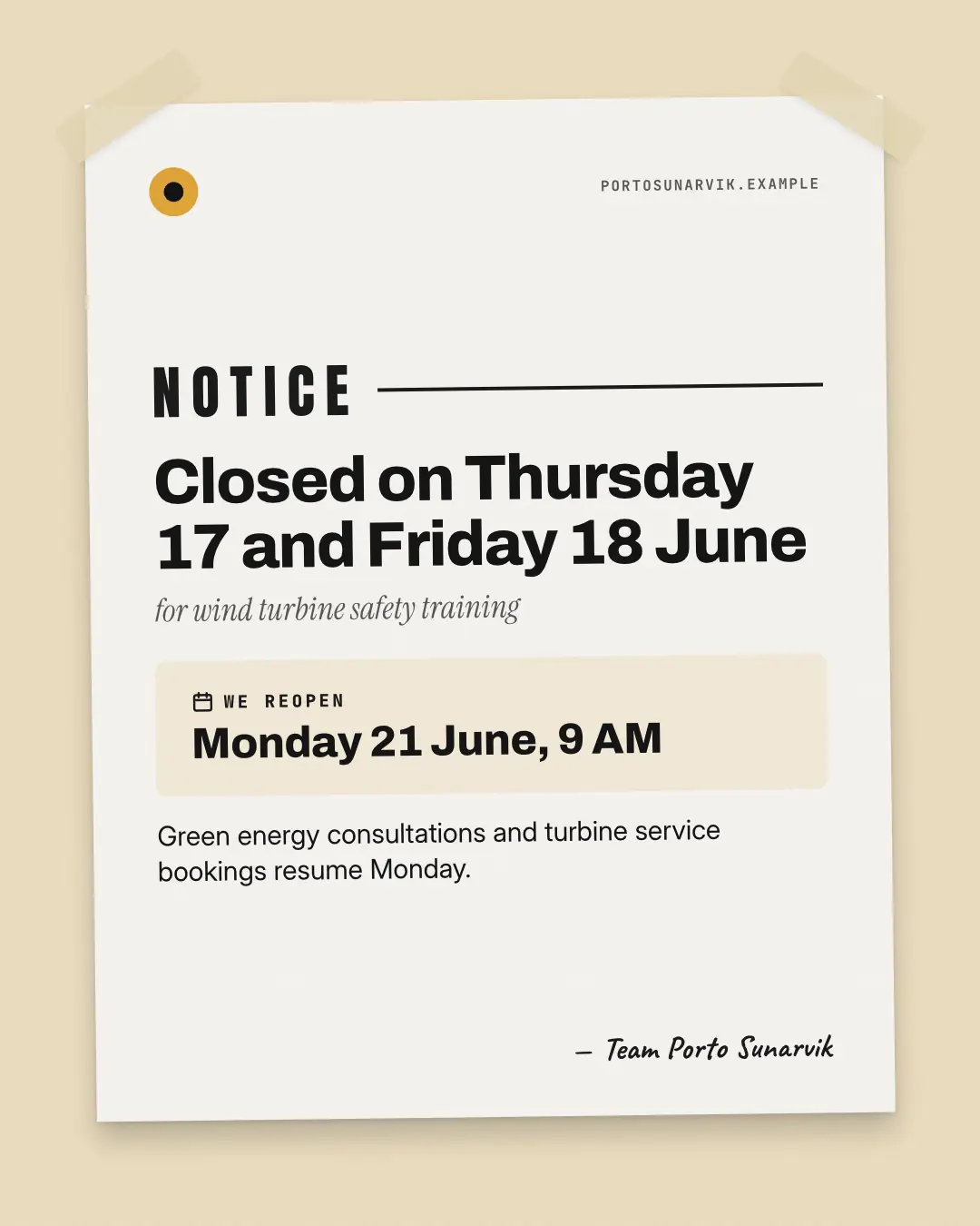 Sample Reopening notice creative (Shopfront & doorstep template), shown on the fictional brand Porto Sunarvik