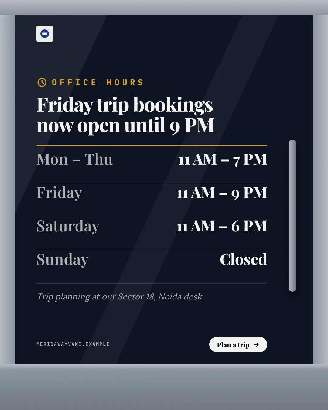 Sample Opening-times decal creative (Shopfront & doorstep template), shown on the fictional brand Merida Wayvani