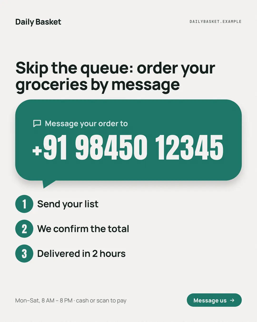 Sample Chat-bubble number creative (Shopfront & doorstep template), shown on the fictional brand Daily Basket
