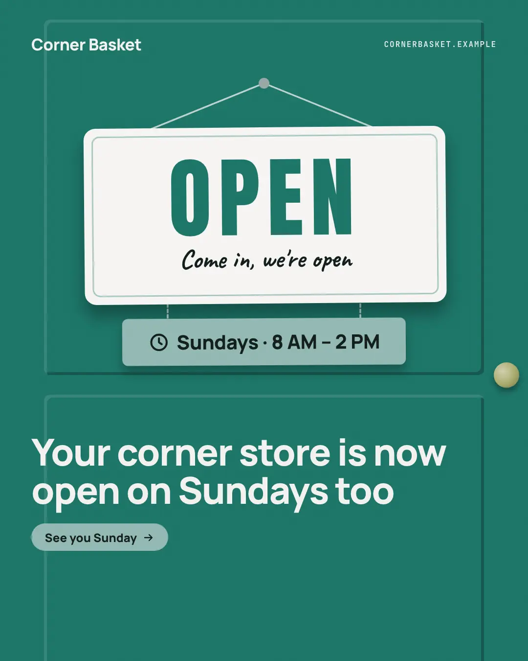 Sample Hanging OPEN card creative (Shopfront & doorstep template), shown on the fictional brand Corner Basket