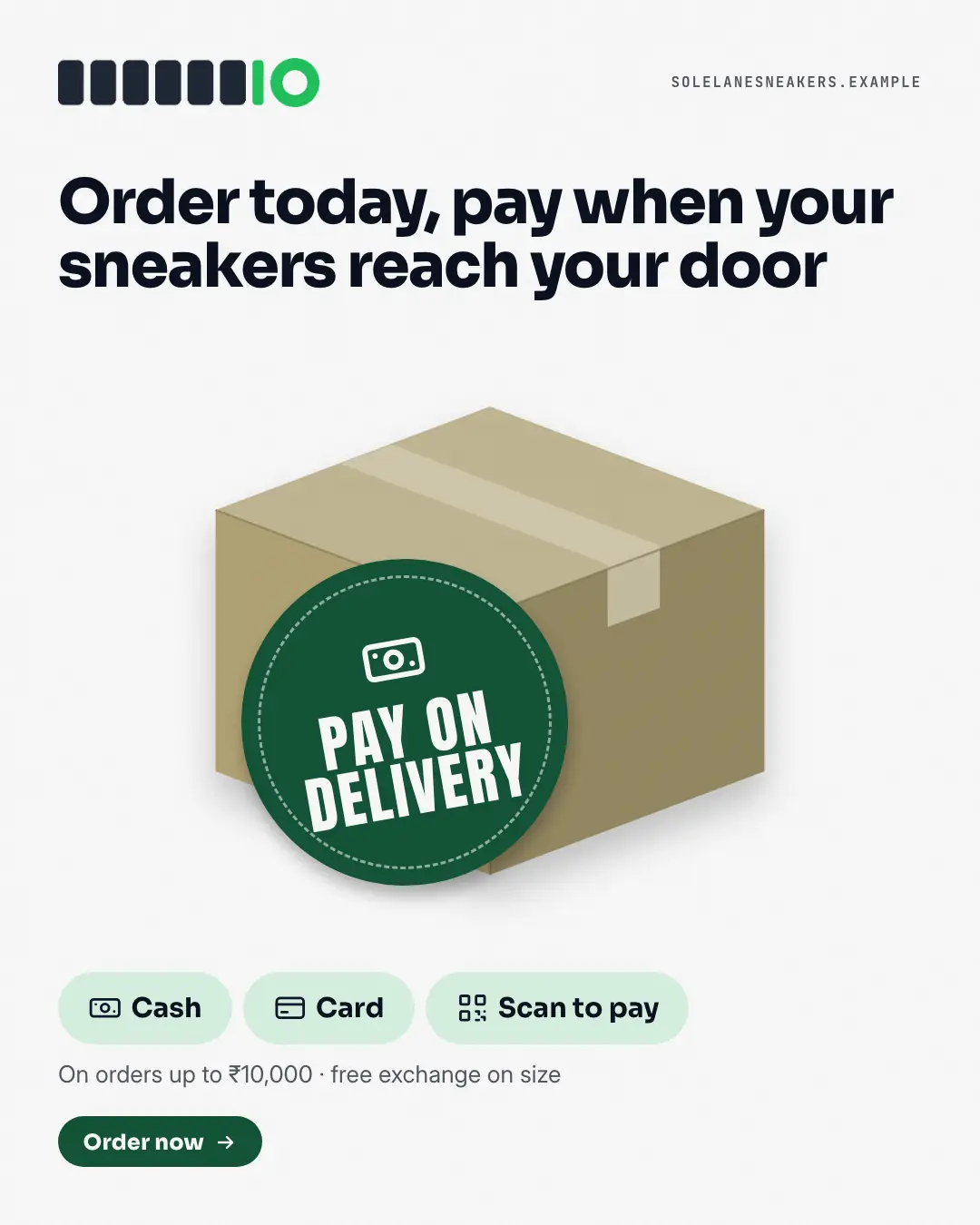 Sample Cash parcel sticker creative (Shopfront & doorstep template), shown on the fictional brand Solelane Sneakers