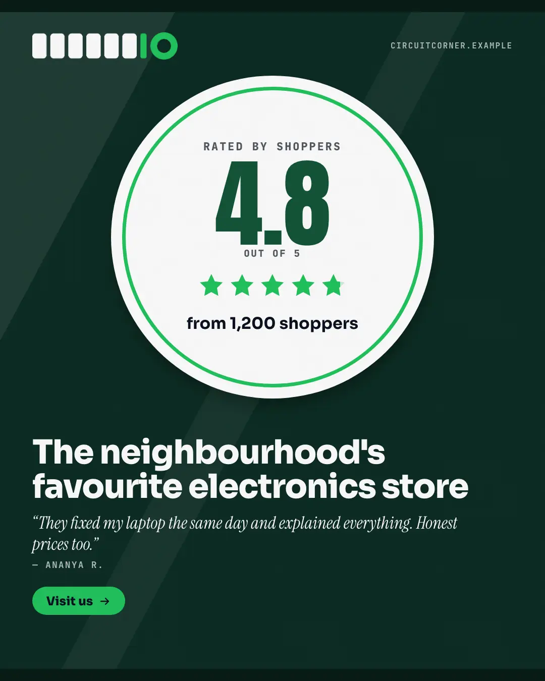 Sample Star-rating cling creative (Shopfront & doorstep template), shown on the fictional brand Circuit Corner