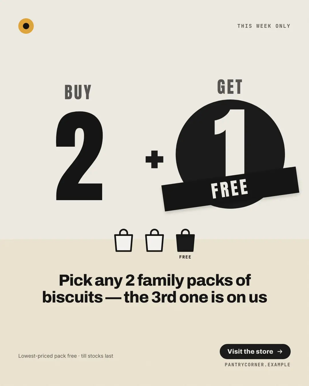 Sample BOGO equation creative (Offer tags & coupons template), shown on the fictional brand Pantry Corner