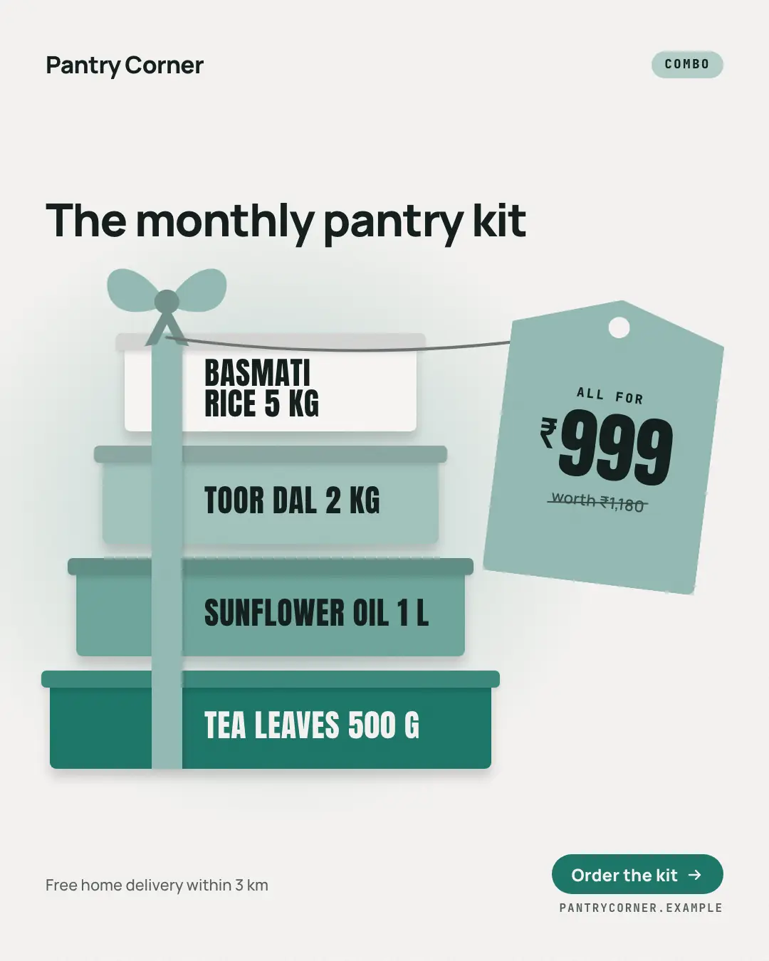 Sample Bundle stack creative (Offer tags & coupons template), shown on the fictional brand Pantry Corner