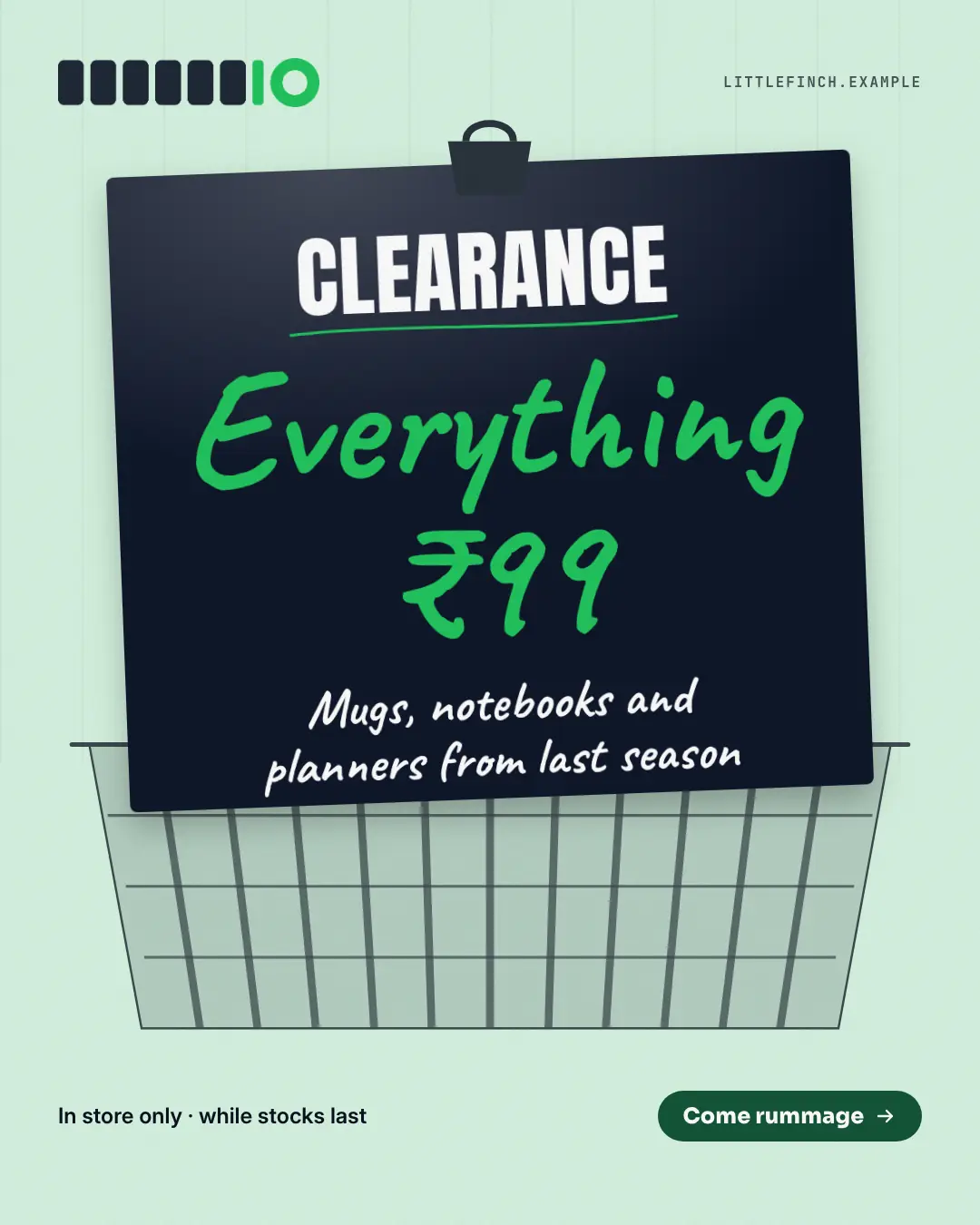 Sample Clearance bin card creative (Offer tags & coupons template), shown on the fictional brand Little Finch Store