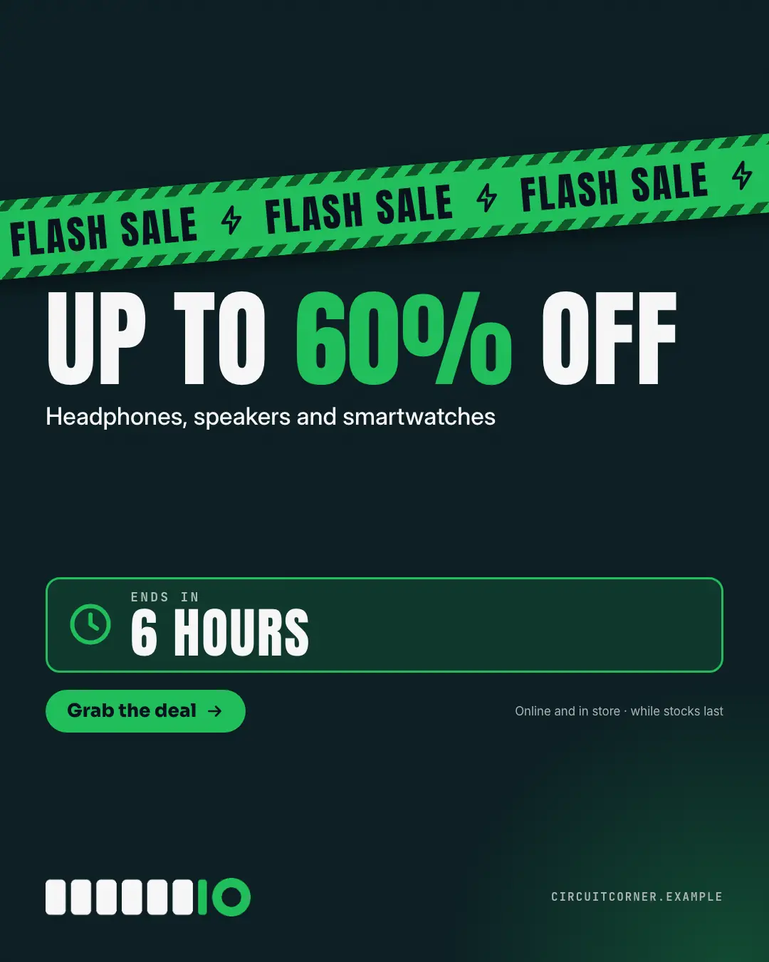 Sample Flash sale banner creative (Offer tags & coupons template), shown on the fictional brand Circuit Corner
