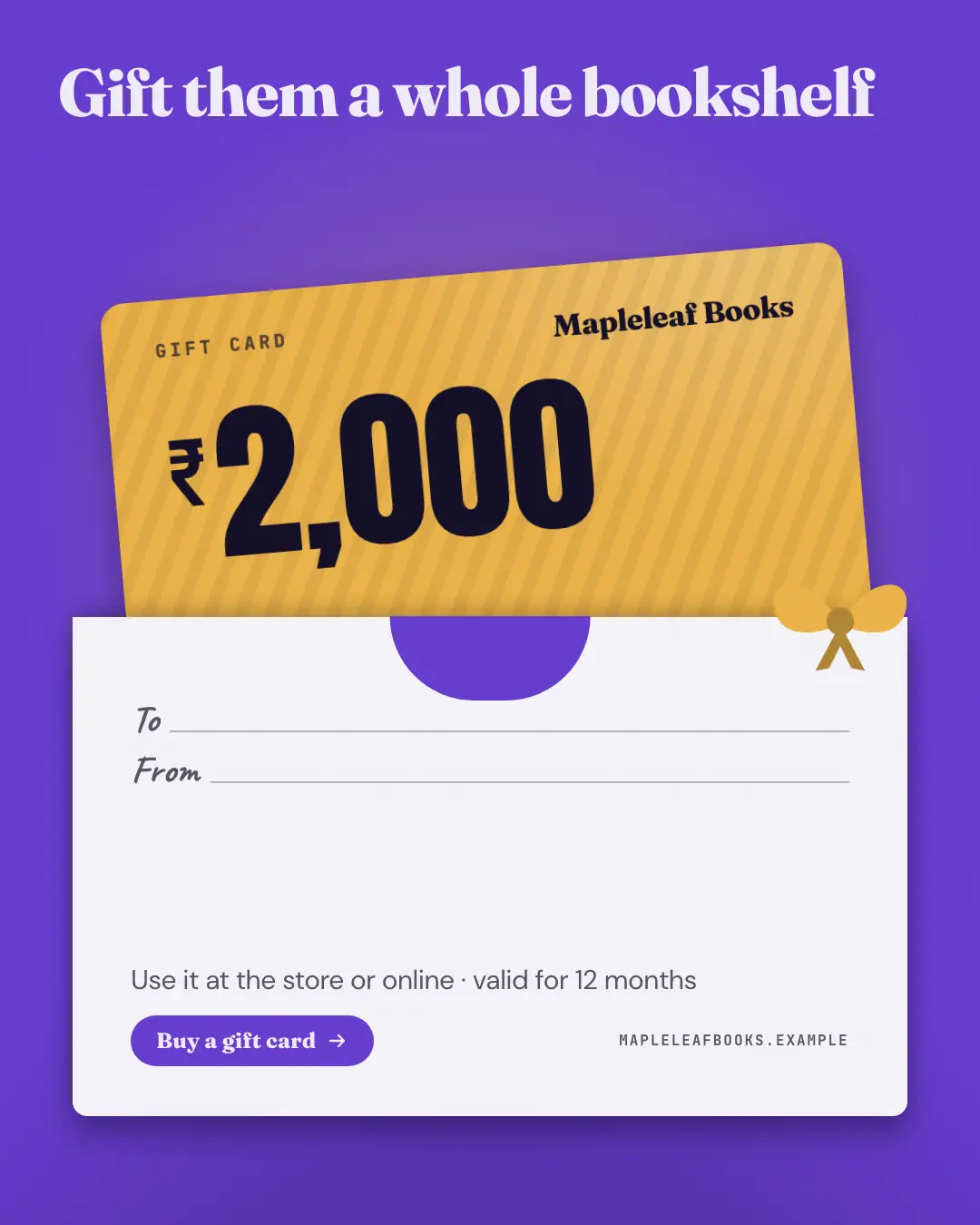 Sample Gift card creative (Offer tags & coupons template), shown on the fictional brand Mapleleaf Books