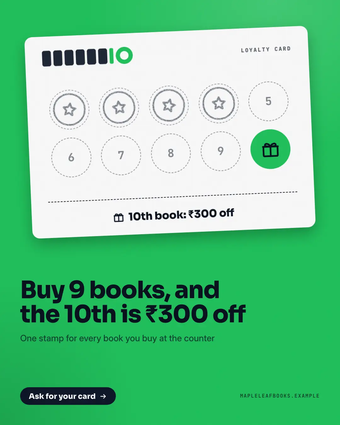 Sample Loyalty stamp card creative (Offer tags & coupons template), shown on the fictional brand Mapleleaf Books