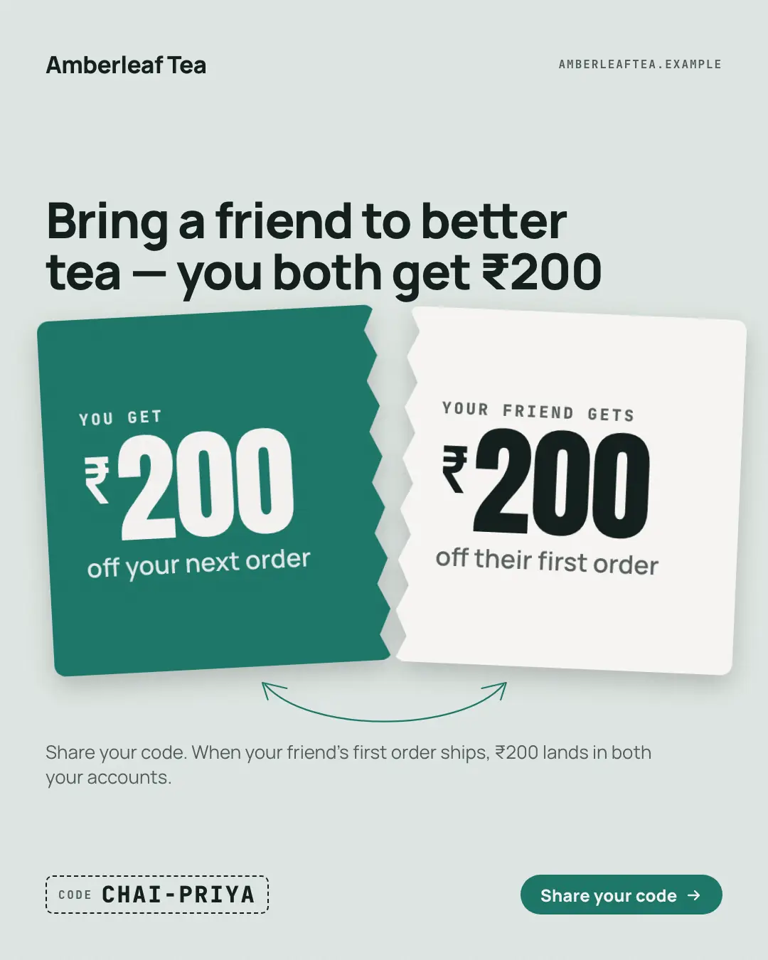 Sample Refer a friend: give and get creative (Offer tags & coupons template), shown on the fictional brand Amberleaf Tea