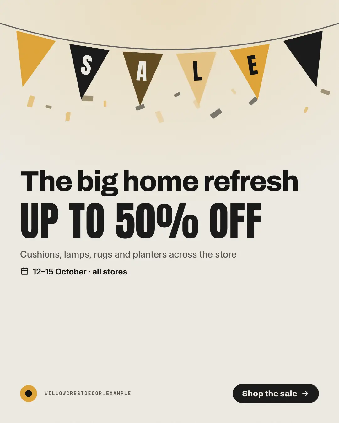 Sample Pennant bunting creative (Offer tags & coupons template), shown on the fictional brand Willowcrest Decor